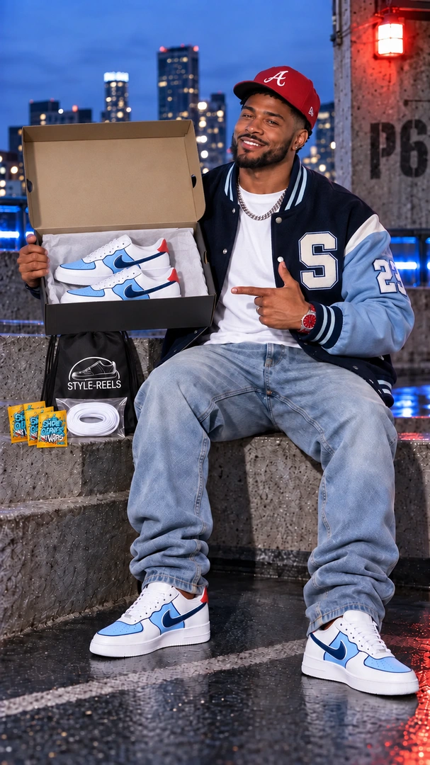 Custom blue, red and white AF1 shoes with StyleReels kit