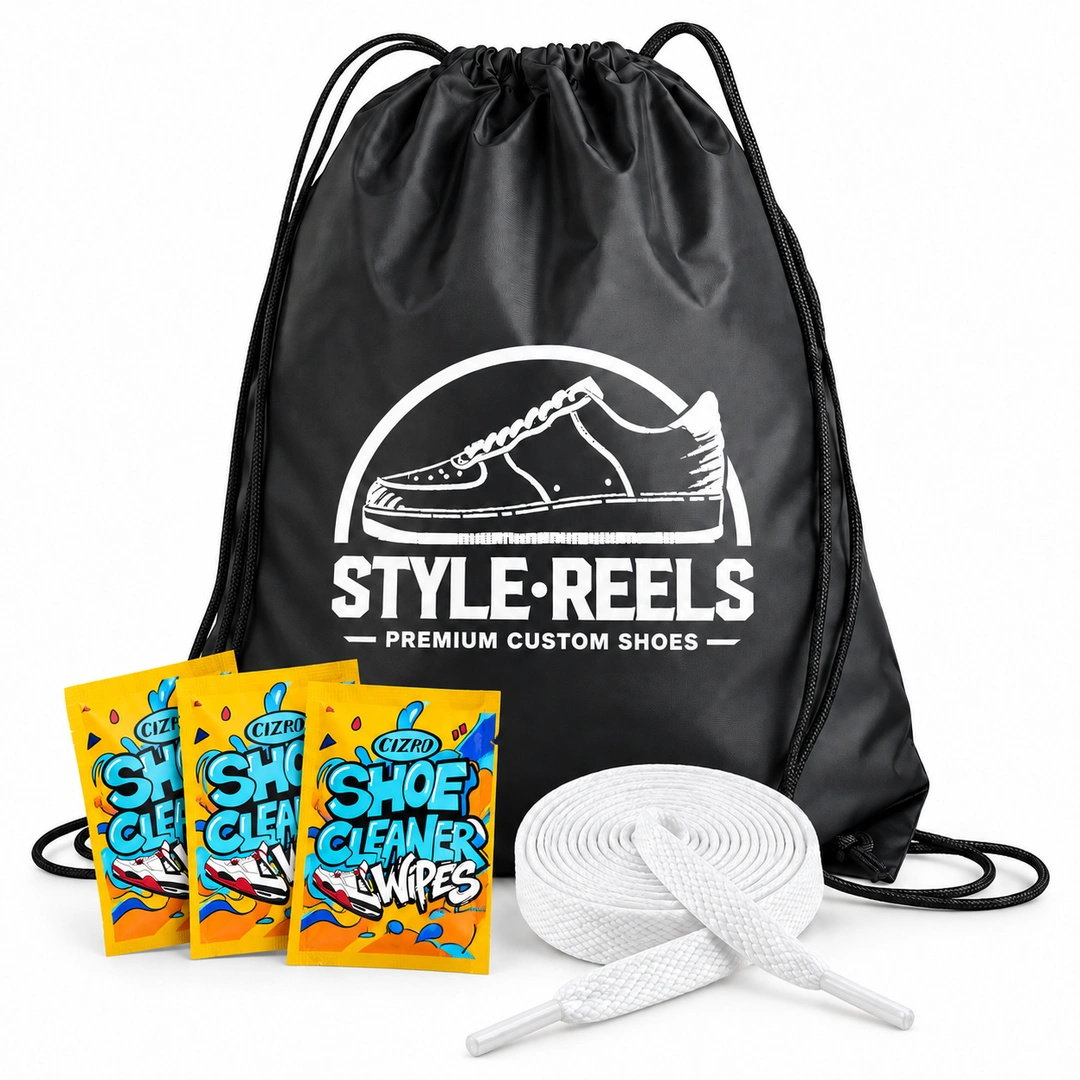 StyleReels drawstring bag, white AF1 laces and (3) Grab & Go Shoe Cleaning Wipe Packs